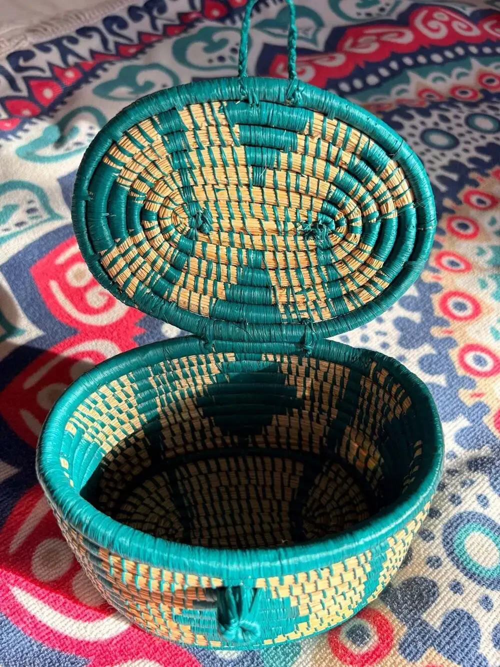 Handwoven Maya Teal and Natural Pine Needle Geometric Basket with Lid